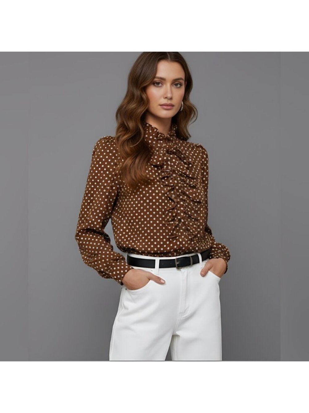 Polka Dot Ruffle Trim Blouse Brown - Picture 3 of 9